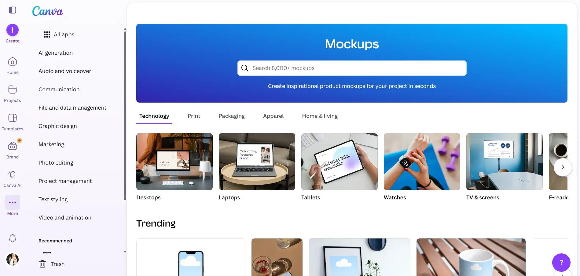Canva Mockups library page showing device categories, search bar, and trending mockup templates